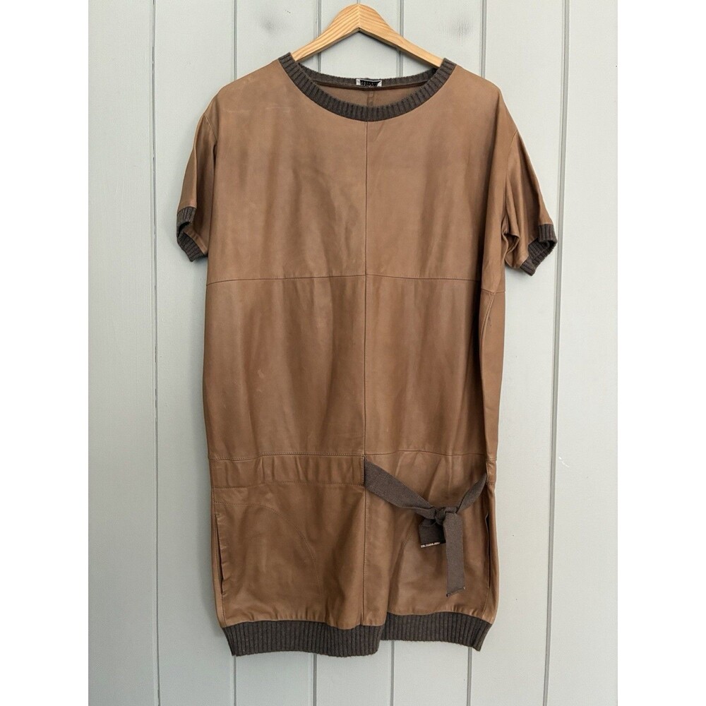 Brunello Cucinelli Tunic Top 38 XS Brown Leather Short Sleeves Belted Cinch